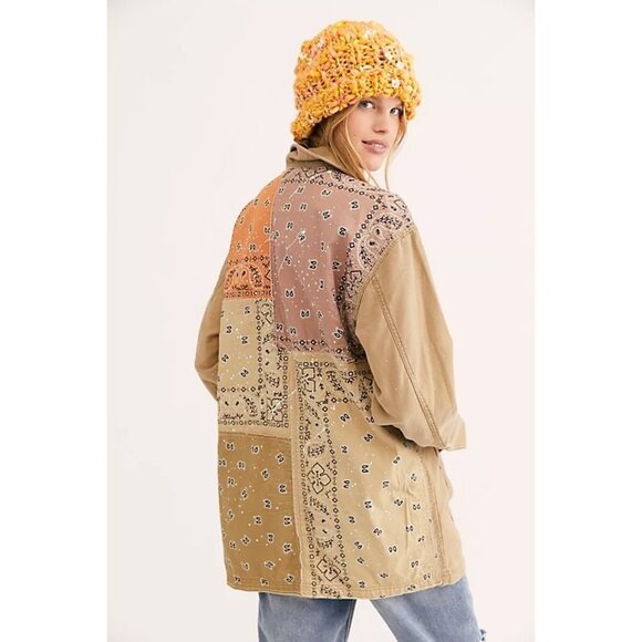 We the Free Swept Up Shirt Jacket Oversized Button Front Tan Multi Sz XS g2 - Picture 1 of 8